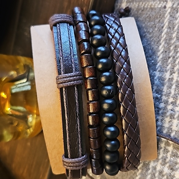 Leather and Cord and Wooden Bead Stacked Bracelets Unisex - Picture 2 of 3